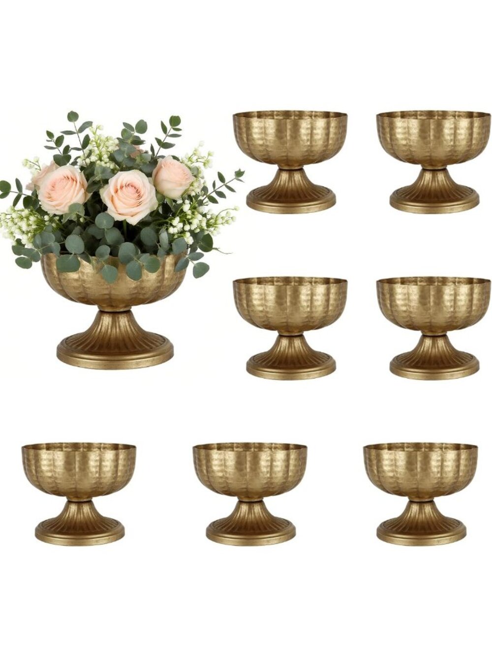 Set of 8 Retro Gold Brass Vases for Floral Arrangements, Decorative Centerpieces